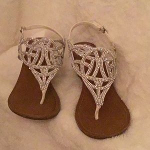 Fergalicious, white wedge sandals.